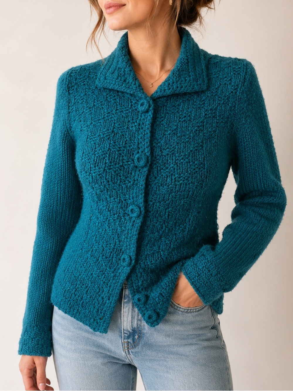 Vintage Teal Wool Blend Textured Knit Cardigan Sweater Jacket S | Collared Grand